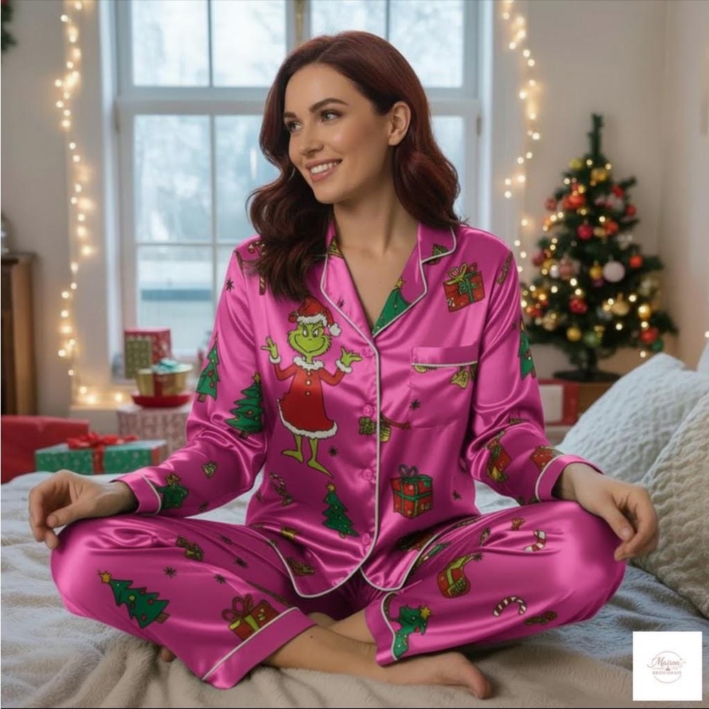 Pink Grinch Christmas Satin Pajamas